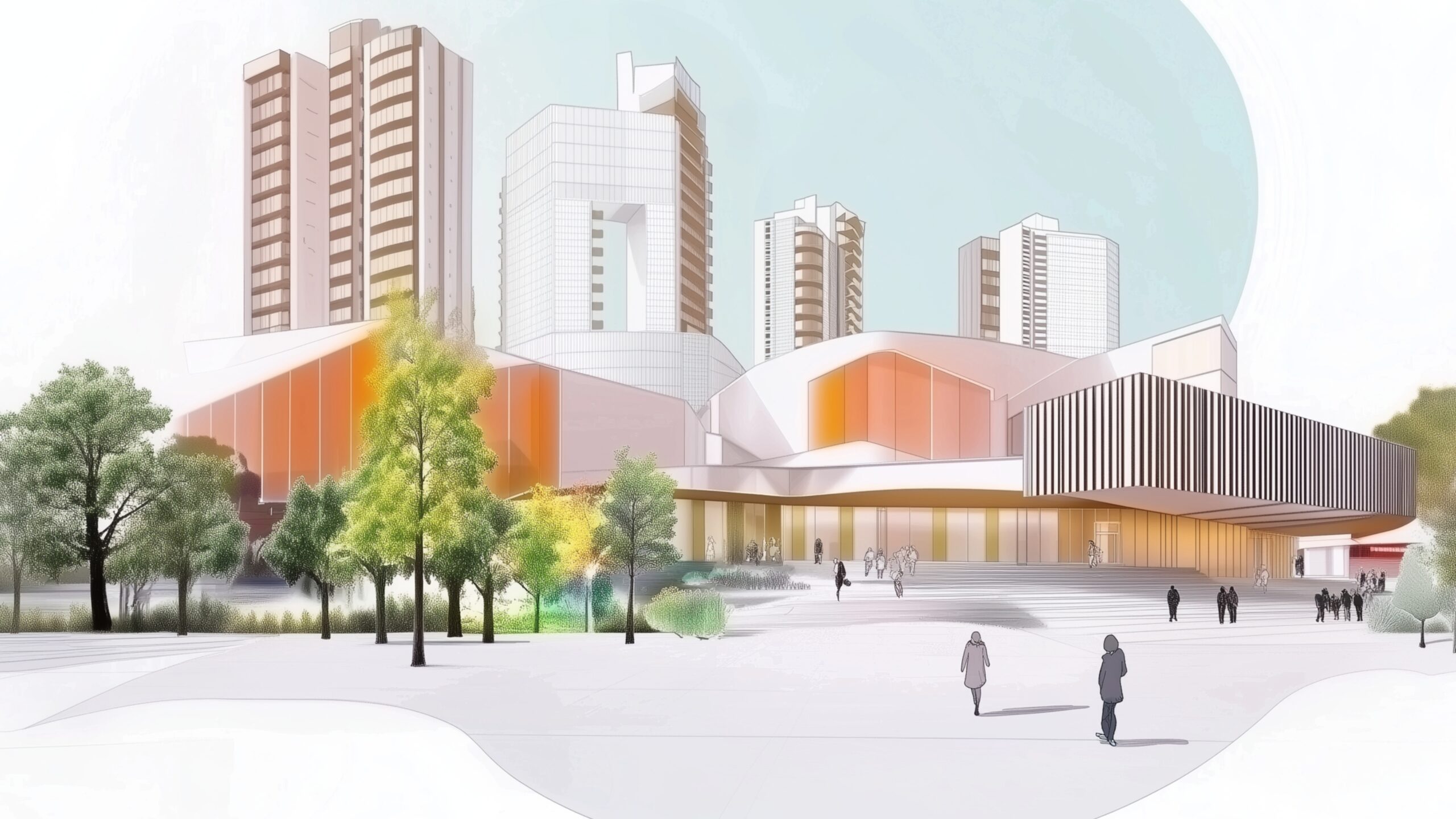 Illustration av en modern stadsmiljö med höga byggnader i bakgrunden och låga, färgglada byggnader i förgrunden. Några träd och människor syns på ett öppet torg i ett ljust och luftigt stadslandskap
