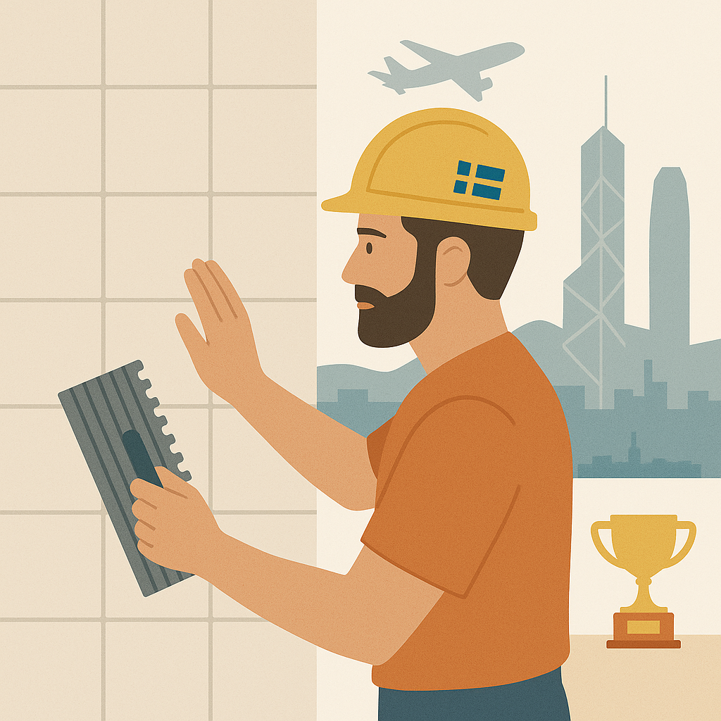 Illustration av en manlig plattsättare med skägg och gul hjälm med svensk flagga. Han håller ett tandat verktyg och sätter kakel på en vägg. I bakgrunden syns en stadssilhuett, ett flygplan och en pokal på en hylla